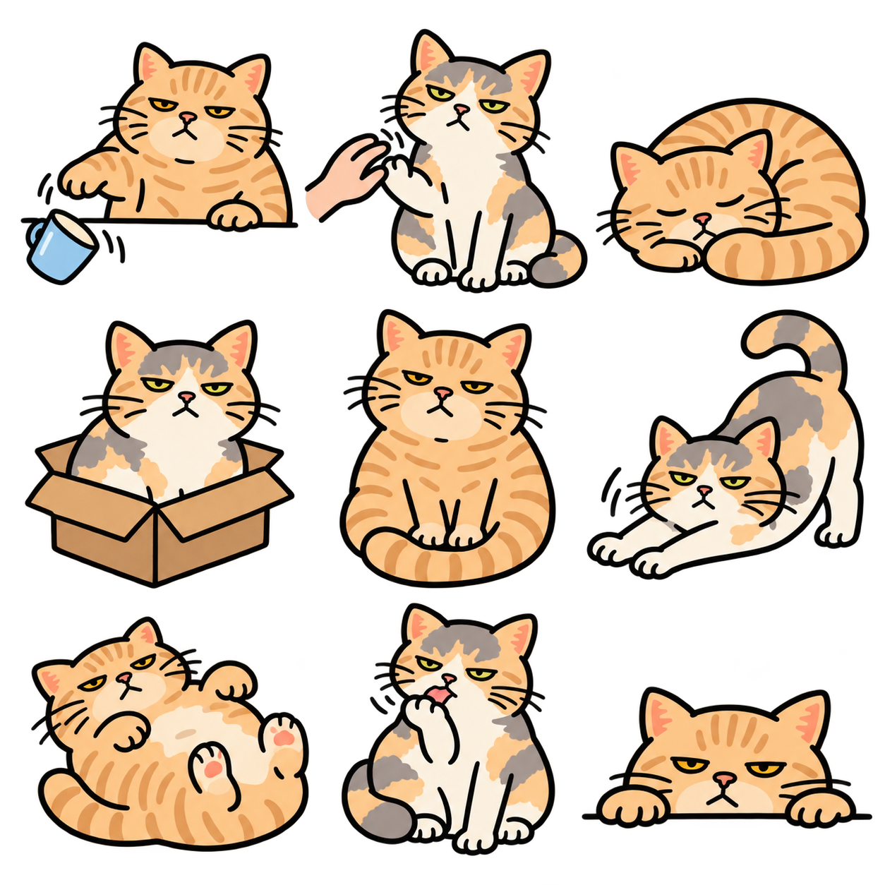 ムスッとした表情の茶トラ猫と三毛猫。箱に入る、眠る、伸びをするなど9つのポーズ