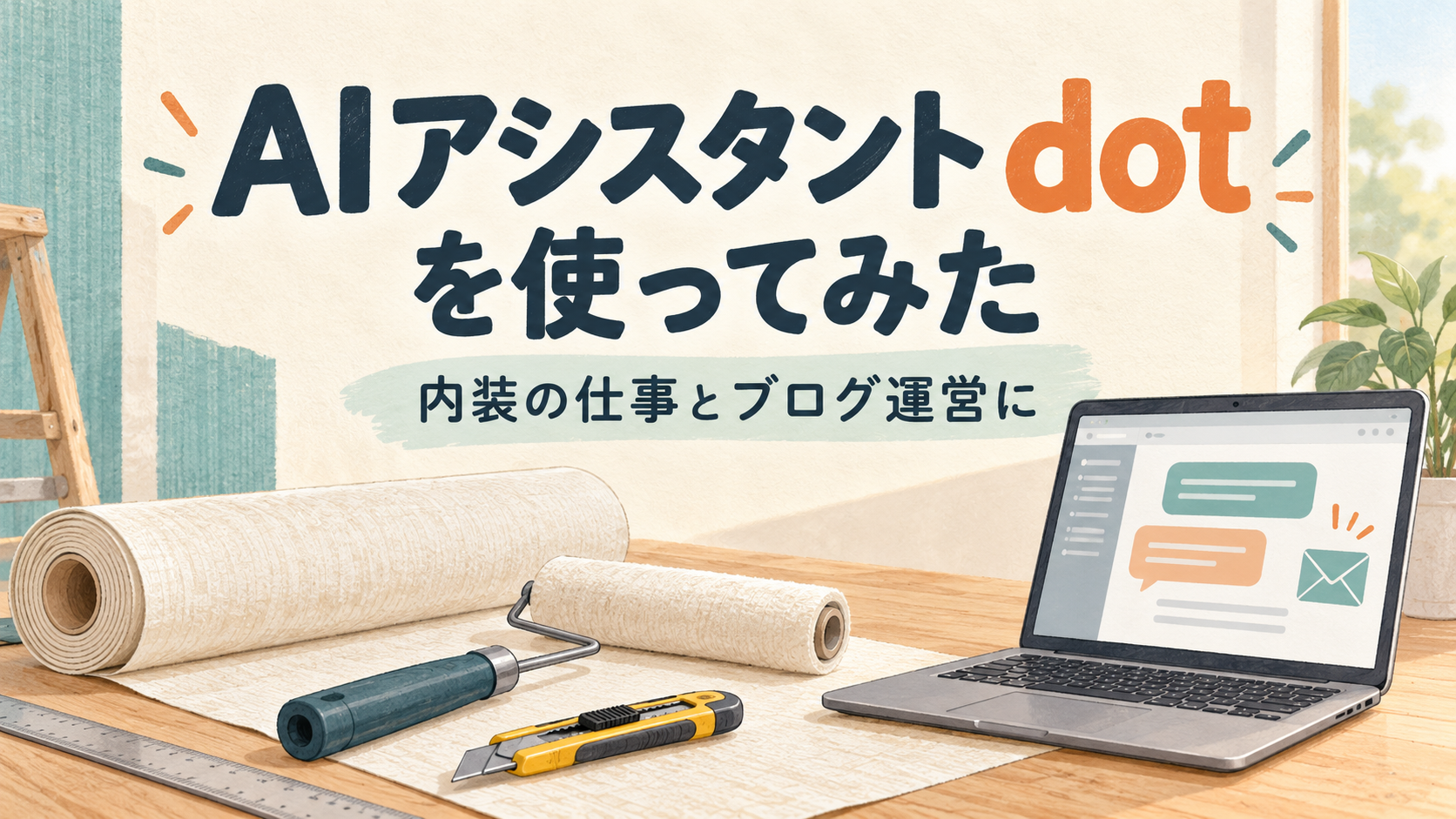 AIアシスタントdotを使ってみた。壁紙や内装道具と、チャット画面を開いたノートパソコンのイラスト