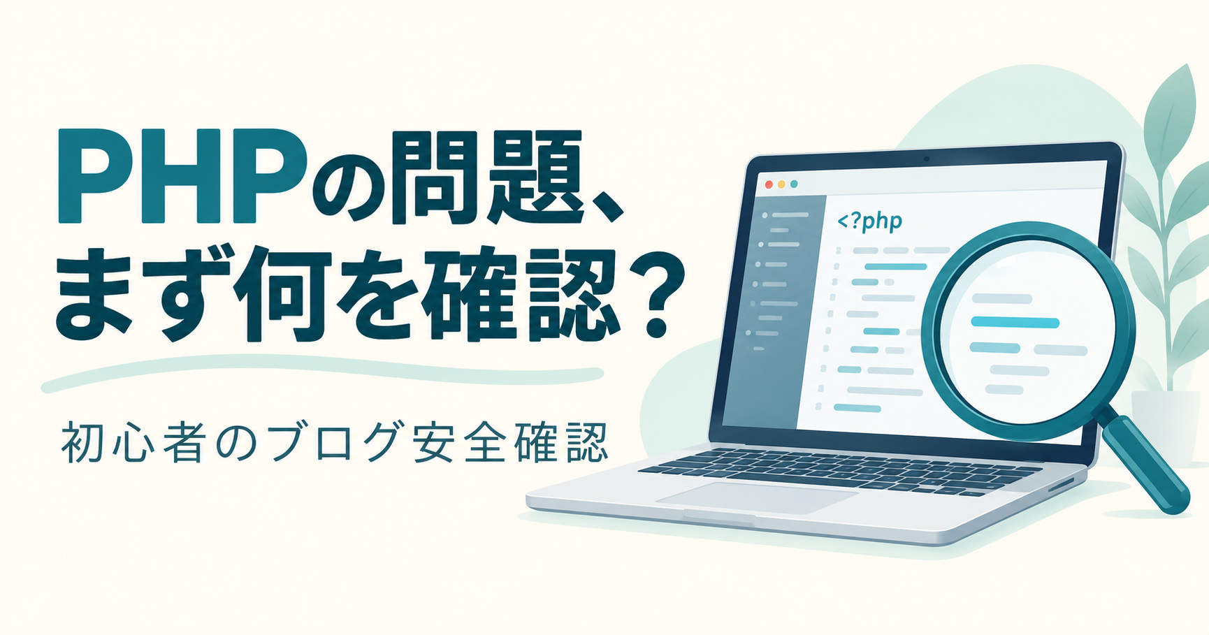 PHPの問題、まず何を確認？ 初心者のブログ安全確認。パソコンと虫眼鏡のイラスト。